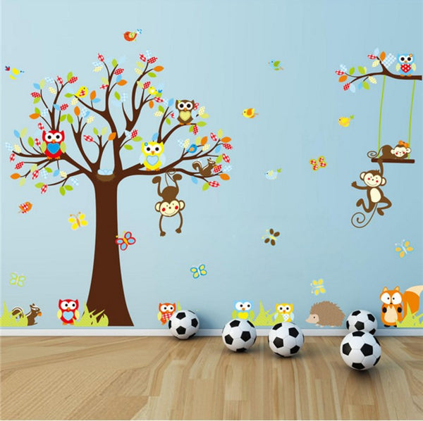  Forest Animal Monkey Owls Tree Wall Sticker
