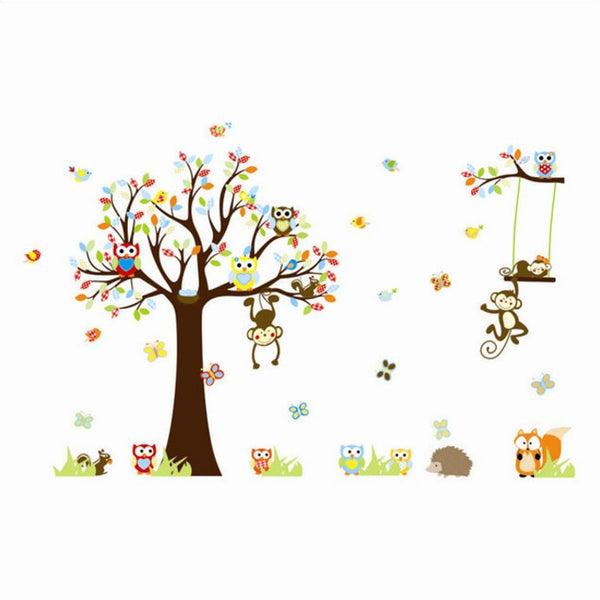  Forest Animal Monkey Owls Tree Wall Sticker